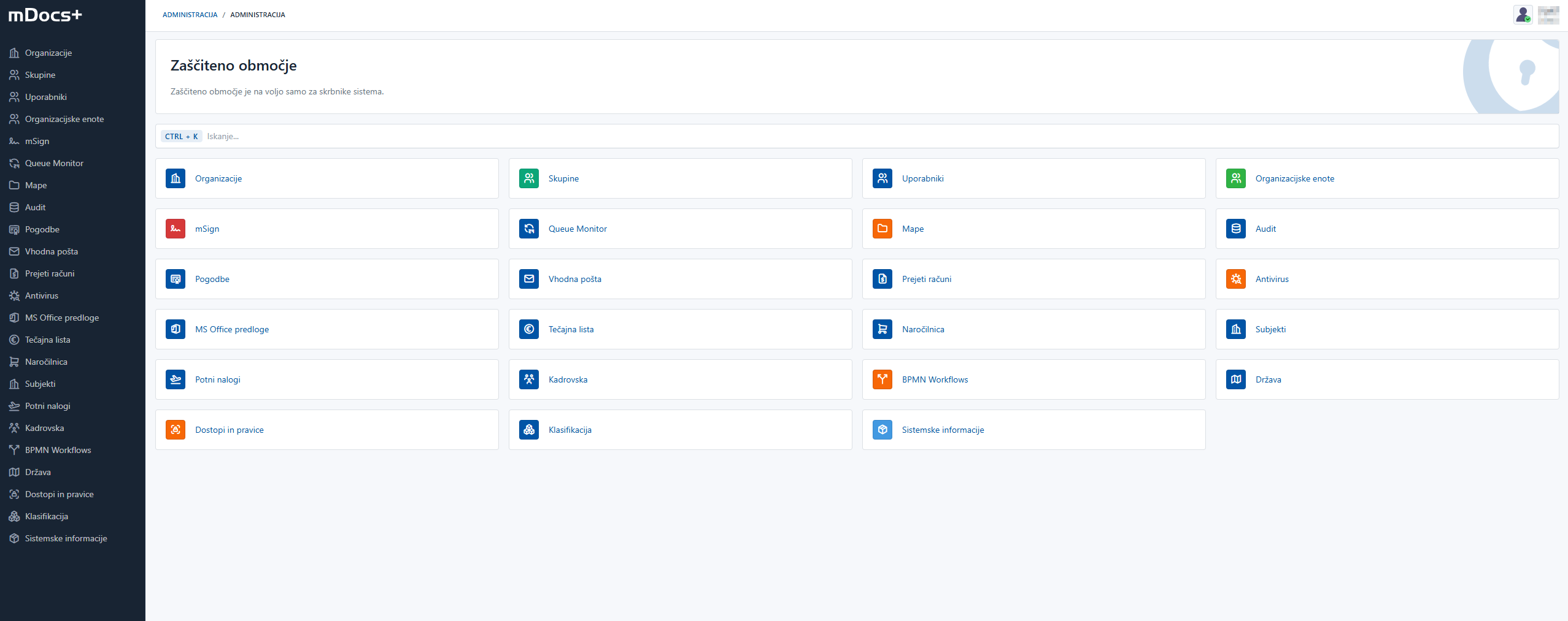 Nadzorna plošča administracije